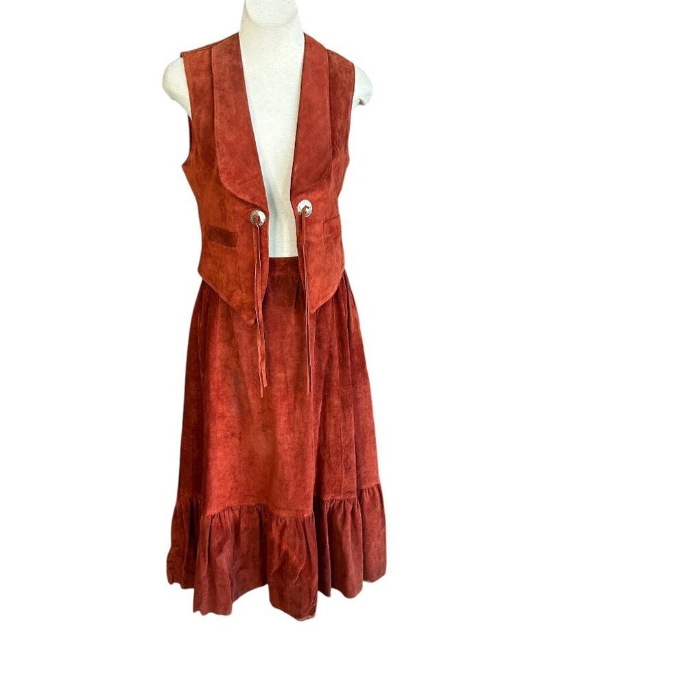 Carla Vintage 70s 80s Cowgirl Festival Rust Suede Vest and Full Skirt READ - Picture 2 of 15